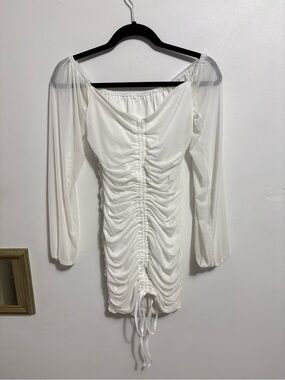 White Ruched Drawstring Long Sleeve Mini Dress